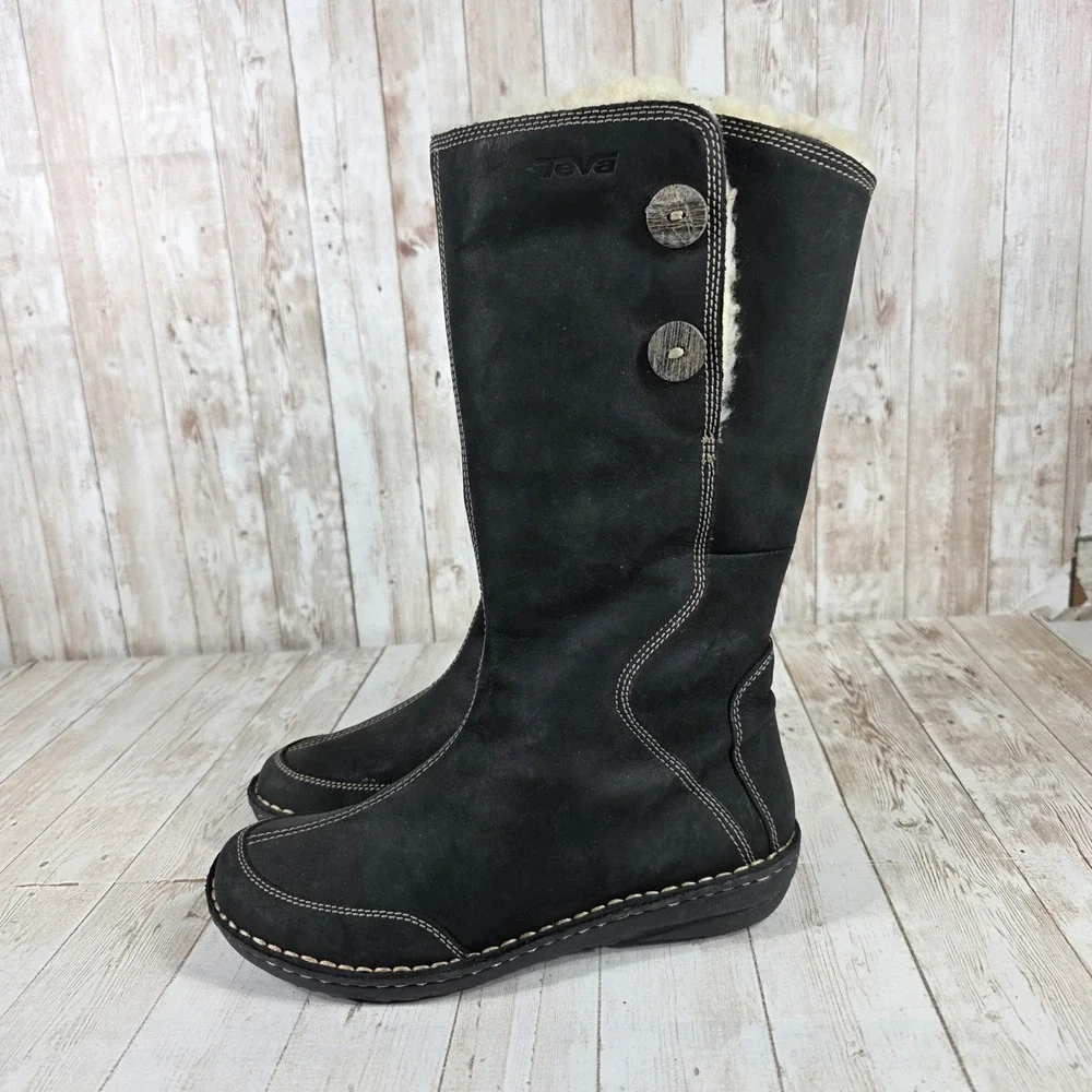 Teva Womens Black Nubuck Leather Shearling Lined Mid Calf Winter Boots‎  Size 6